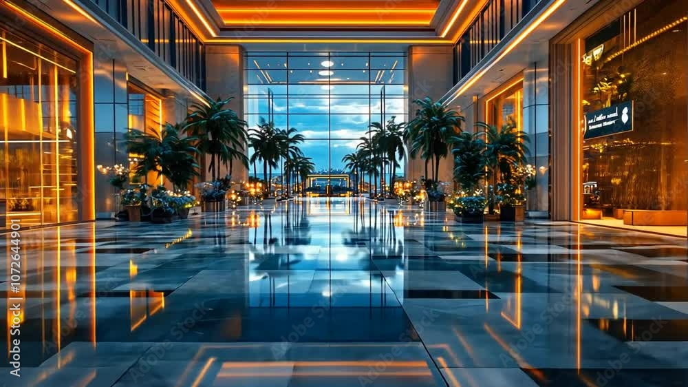 Modern Architecture with Glass Walls and Palm Trees