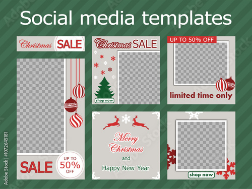 winter social media templates design, set of backgrounds for sale banner, flyer, card in minimalistic style with snowflakes, deers, firs. modern vector illustration for poster, frame en beige and red