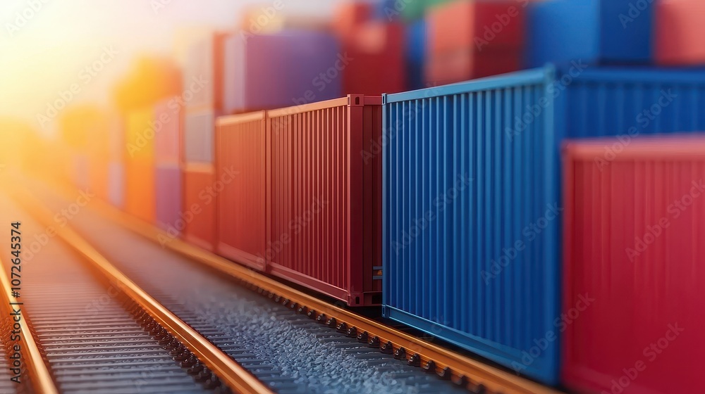 Obraz premium A close-up view of colorful shipping containers lined along railway tracks, bathed in warm light, suggesting movement and trade.
