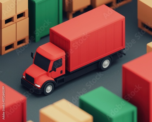 A vibrant red truck parked among colorful shipping containers, showcasing a miniature transport scene in a logistical environment.