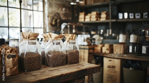 Bags of coffee beans displayed on a rustic wooden counter in a cozy coffee shop