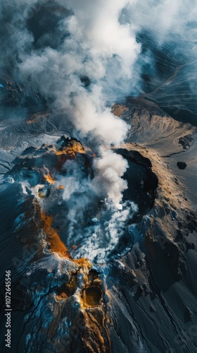 Aerial View of Sulfur Geysers and Hot Water Sources in Volcanic Landscape: Capturing Geothermal Activity and Rugged Terrain