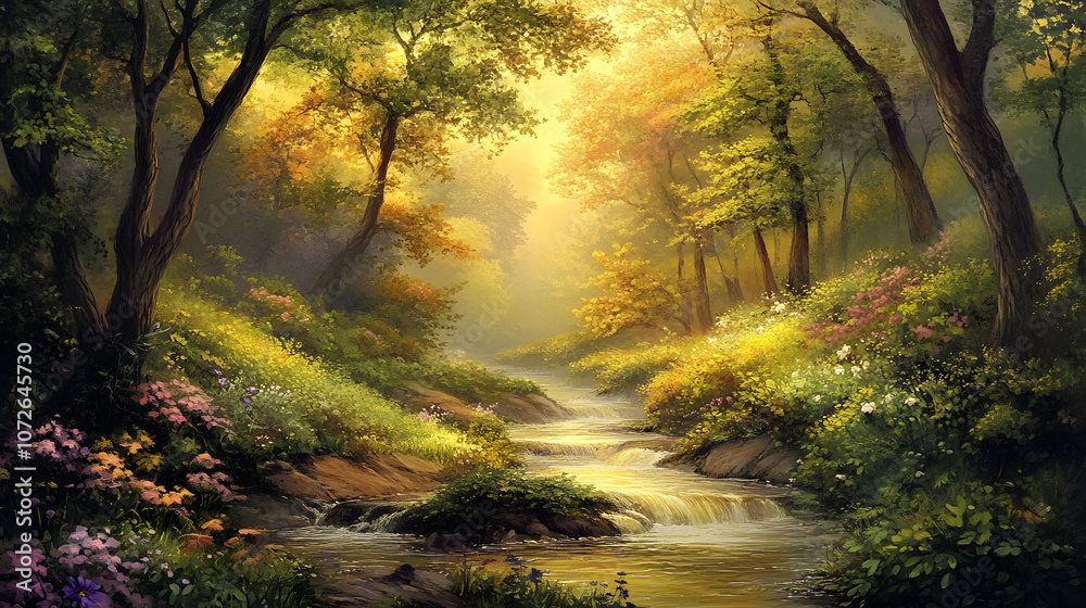 A gentle stream flowing through a lush forest, creating a peaceful atmosphere. A gentle stream flowing through a lush forest, creating a peaceful atmosphere.