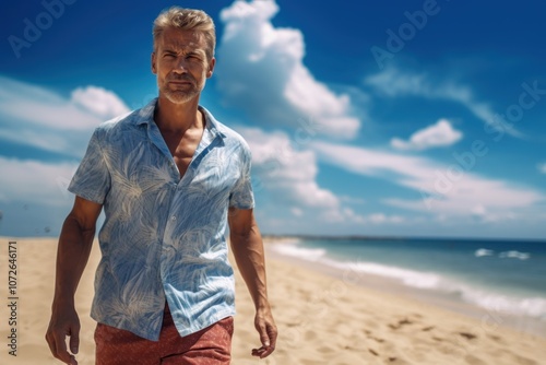 A man wearing a blue shirt and red shorts walks on a beach