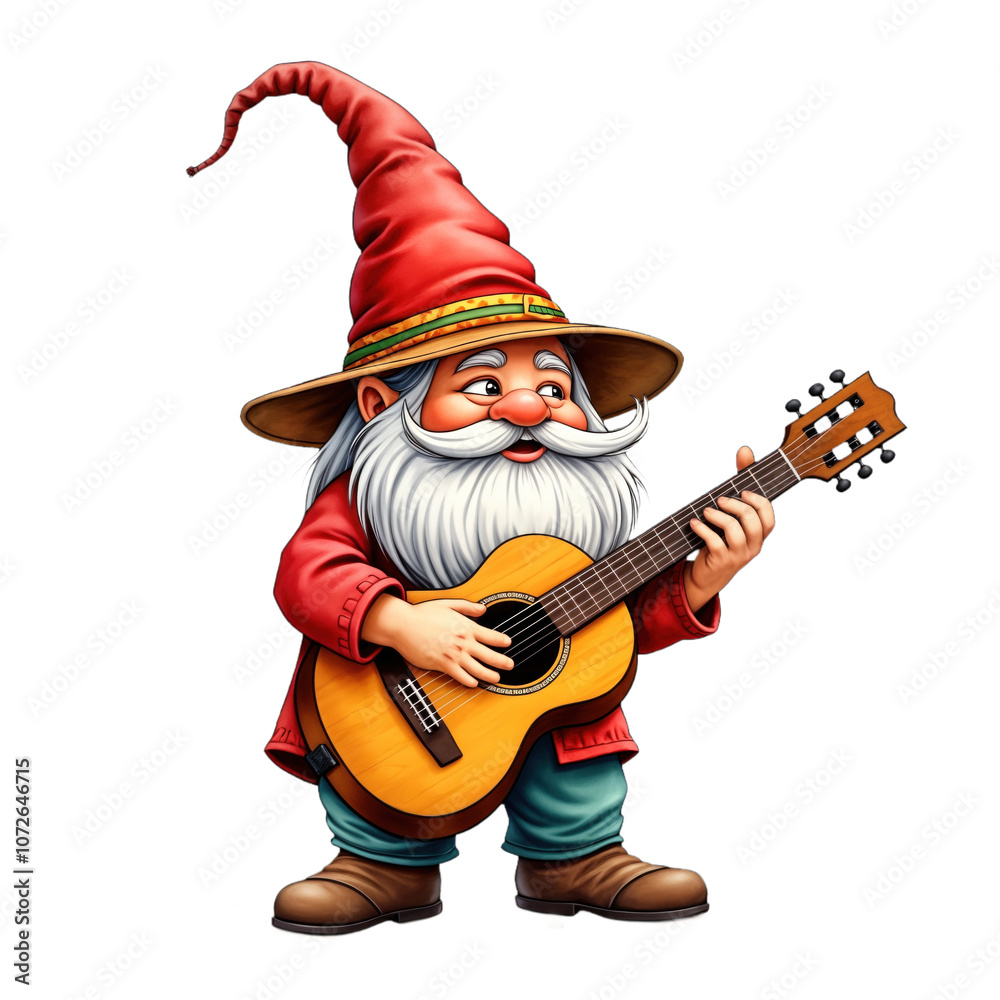 Smiling gnome with long white beard, wearing red hat and jacket, plays acoustic guitar, looking happy. Cartoon character with a musical instrument, perfect for illustrations, cards and stickers. Png. Smiling gnome with long white beard, wearing red hat and jacket, plays acoustic guitar, looking happy. Cartoon character with a musical instrument, perfect for illustrations, cards and stickers. Png.