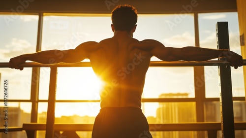 A determined shirtless man holding a static position on parallel bars, working his triceps and shoulders, with a strong silhouette created by backlighting in a modern gym