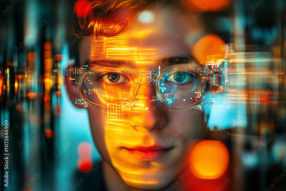 A young male figure with glasses gazes into the distance, illuminated by colorful city lights and digital reflections A young male figure with glasses gazes into the distance, illuminated by colorful city lights and digital reflections