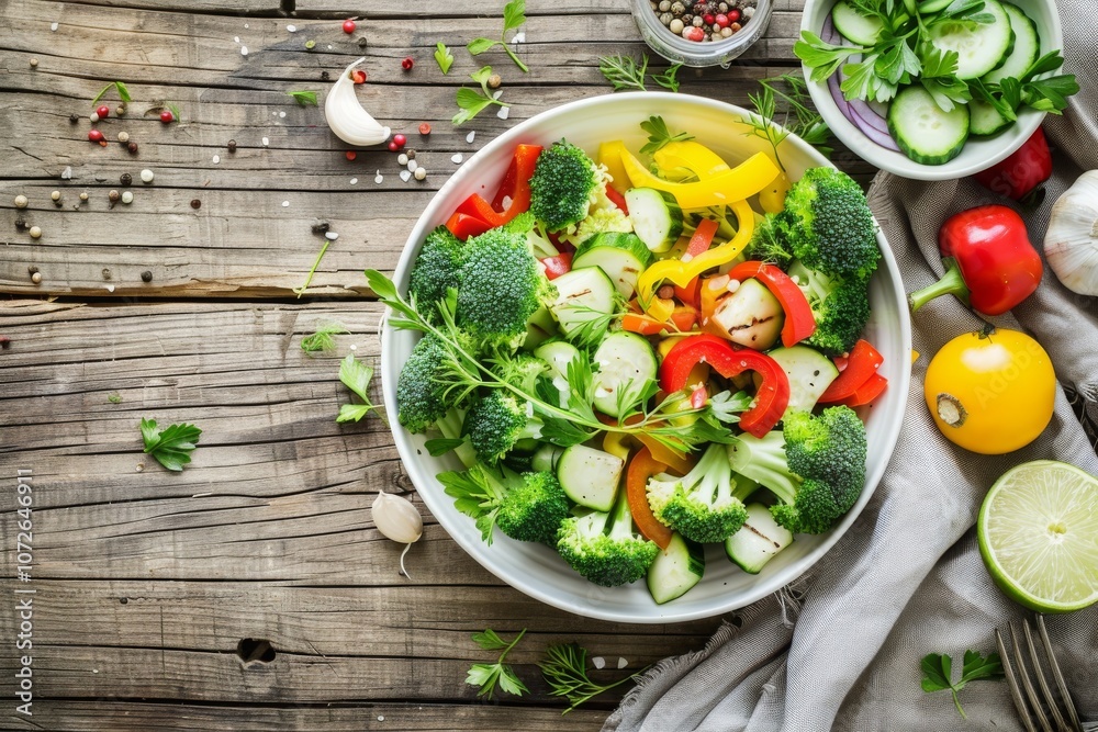 Fresh broccoli and bell pepper salad in bowl Fresh broccoli and bell pepper salad in bowl