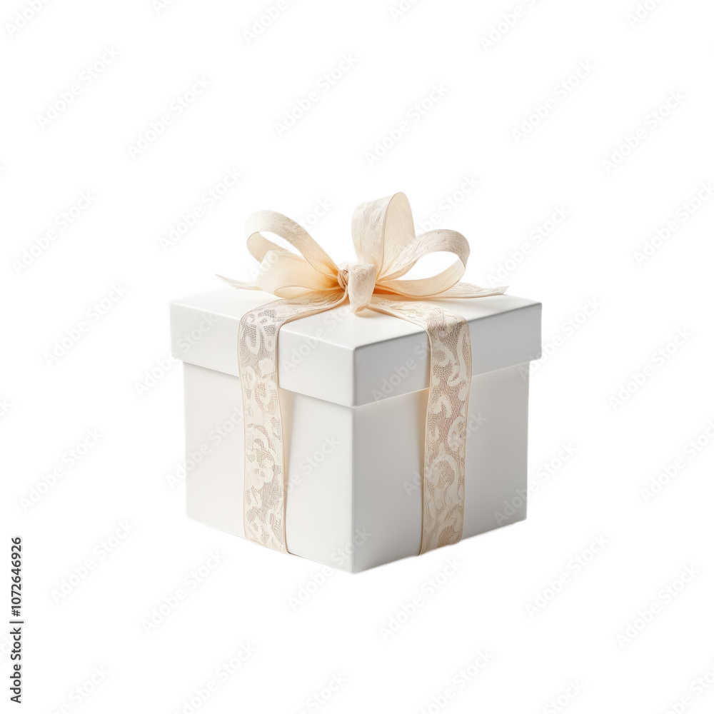 Obraz premium White gift box with cream ribbon. Box is tied with bow. Box isolated on alpha layer. Perfect for celebration, wedding, birthday, special occasion. Ideal for minimalist design, creative branding. Png.