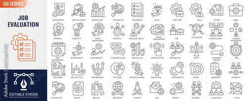 Job Evaluation Editable Stroke Line Icon set. Containing analysis, business, systematic, value, organization, gathering information icon. Vector Illustration.