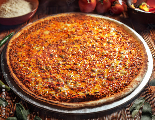 Closeup of a freshly homemade baked pizza in a cast-iron oven 