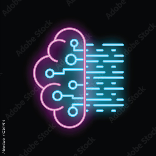 Neon sign depicting a brain with circuits transforming data into a stream of binary code