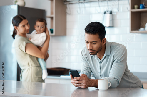 Phone, family and father ignore mother, child and neglect in home kitchen. Mobile, internet addiction and dad with baby, mom or distracted parent scroll social media for phubbing problem or bad habit