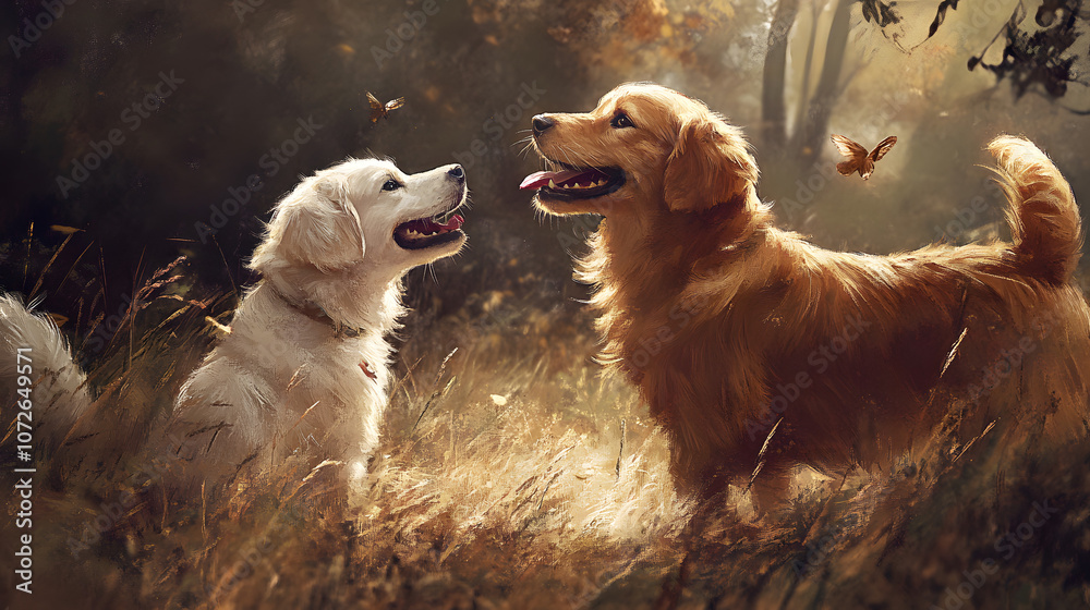 A joyful dog with a wagging tail meeting new friends. A joyful dog with a wagging tail meeting new friends.