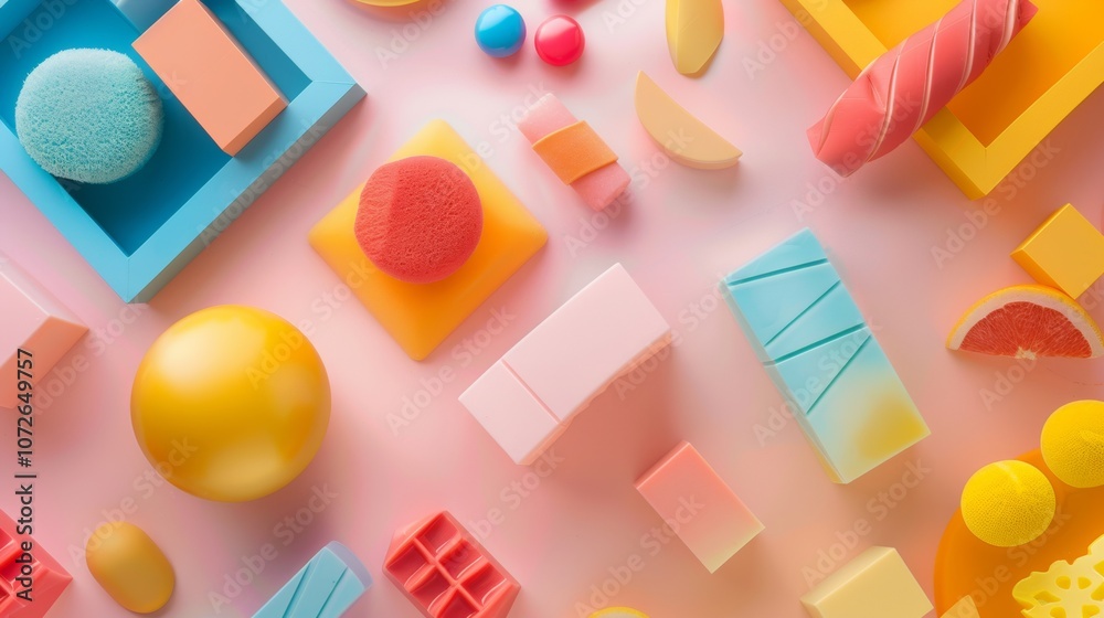 Abstract pastel blocks and spheres in playful arrangement Abstract pastel blocks and spheres in playful arrangement
