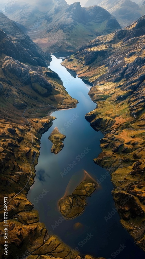 Fototapeta premium Aerial View of Highland Interplay: Rugged Terrain Meets Reflective Lake