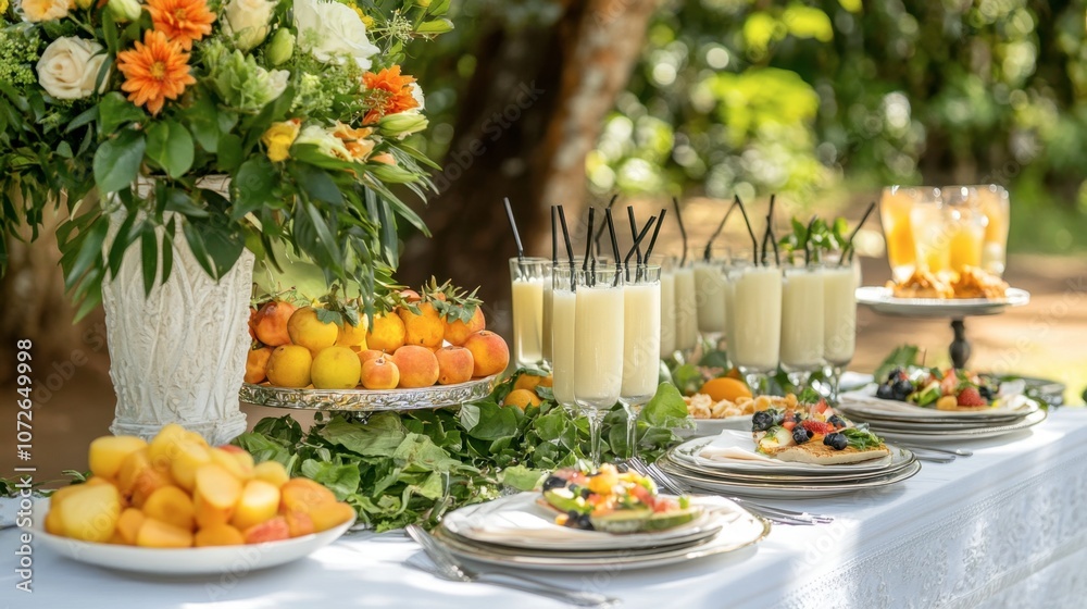 Elegant Outdoor Dining Setup with Fresh Cuisine Elegant Outdoor Dining Setup with Fresh Cuisine
