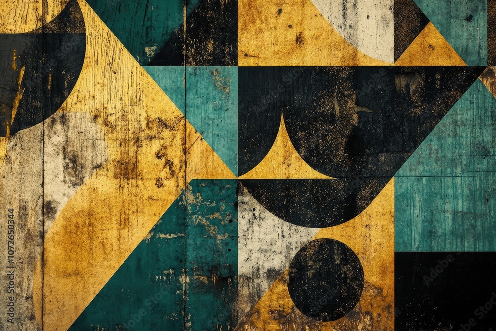 Naklejka premium Abstract Geometric Art Deco Background with Gold and Teal Shapes in Symmetrical Pattern