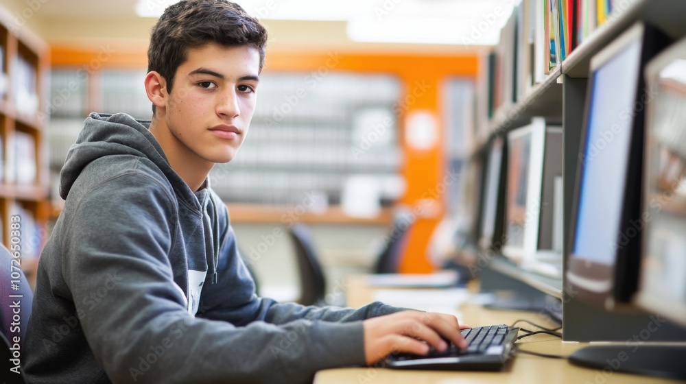 Obraz premium Young man using desktop computer for class assignments