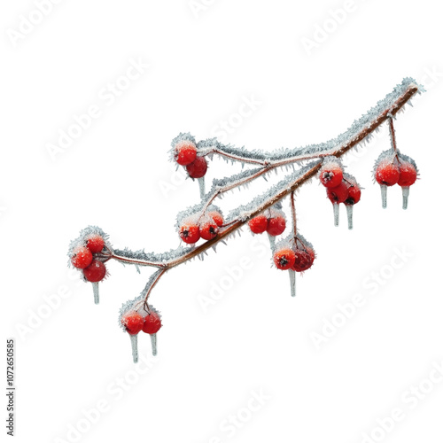 A wintery frosted branch with vibrant red berries, isolated on transparent. Perfect for cozy, natural holiday decor and winter themes
