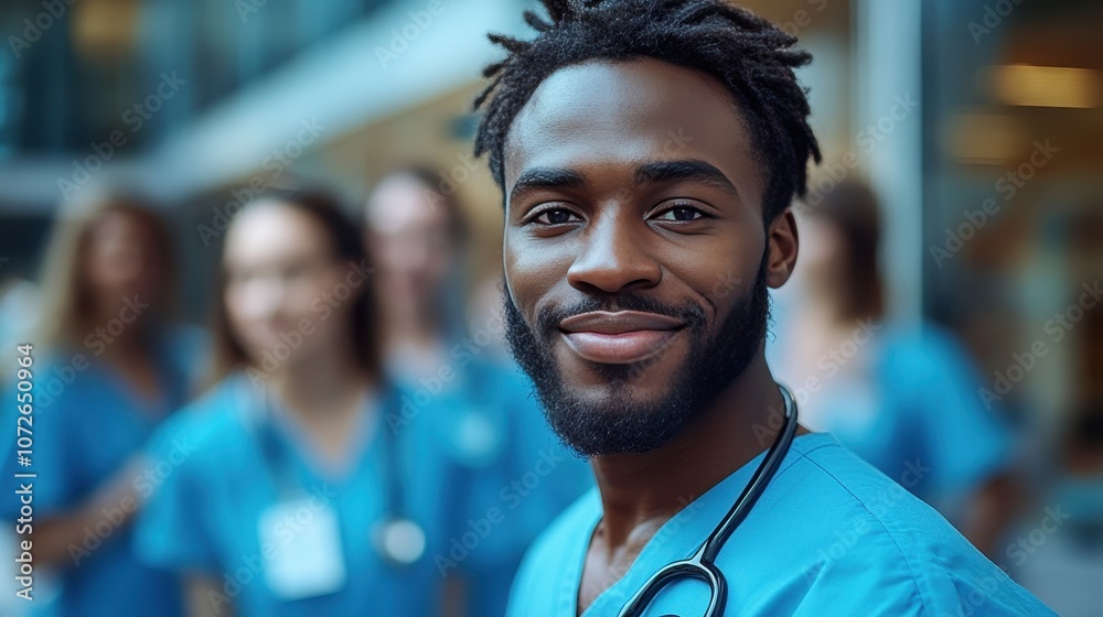 A smiling black man wearing a blue scrubs shirt and a stethoscope. He is surrounded by other people in blue scrubs A smiling black man wearing a blue scrubs shirt and a stethoscope. He is surrounded by other people in blue scrubs