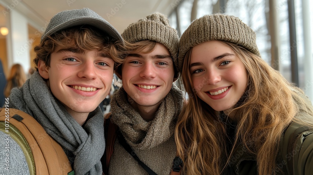 Three people are smiling and wearing hats and scarves. They are posing for a picture. Scene is happy and friendly Three people are smiling and wearing hats and scarves. They are posing for a picture. Scene is happy and friendly