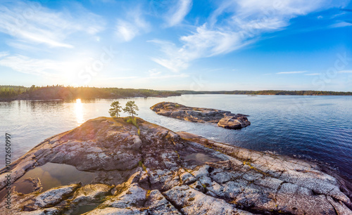 Aerial top view to island overgrown with sparse trees in summer sunny day. Skerries Ladoga lake consisting of 650 rocky islands and steep cliffs. National park, Karelia, Russian nature.