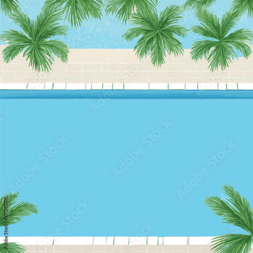 Panorama banner photo of idyllic tropical beach with palm tree, Shadow of a palm tree on a blue water background. Reflection of coconut trees and sugar palm trees in turquoise color swimming pool.	