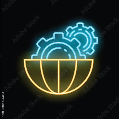 Neon sign depicting two gears spinning above half a globe, representing global industry and technology