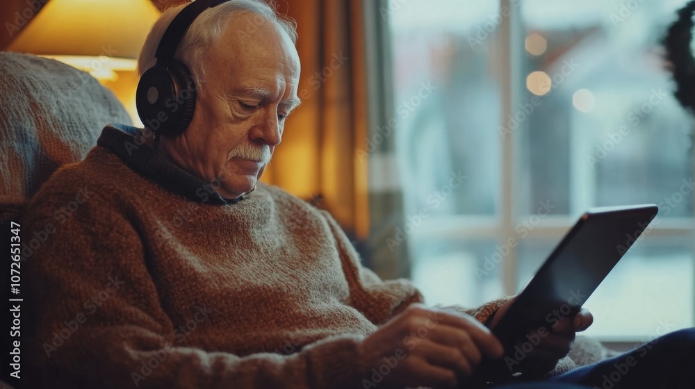 Fototapeta premium Older man in headphones, using tablet in comfortable setting
