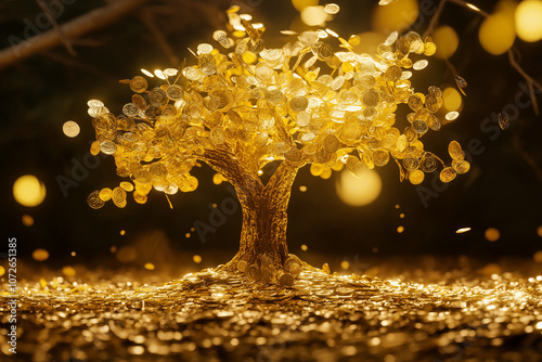 Goldener Baum mit glänzenden Münzen im warmen Licht