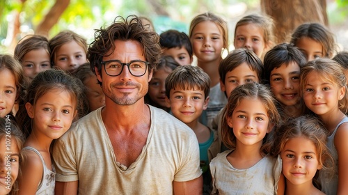 A man with glasses stands in front of a group of children. The children are all smiling and looking at the man