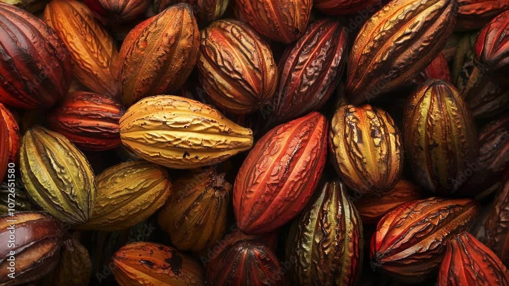 Close up view of vibrant cocoa pods in a heap, showcasing intricate textures and colors. Perfect for food projects, this image captures a bountiful cocoa harvest Close up view of vibrant cocoa pods in a heap, showcasing intricate textures and colors. Perfect for food projects, this image captures a bountiful cocoa harvest