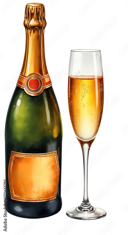 Full bottle of champagne and a glass filled with bubbly drink. Gold cap, cork, label. Isolated on transparent background. Glass with champagne. Alcohol, celebration, new year, party, happy, holiday. Full bottle of champagne and a glass filled with bubbly drink. Gold cap, cork, label. Isolated on transparent background. Glass with champagne. Alcohol, celebration, new year, party, happy, holiday.