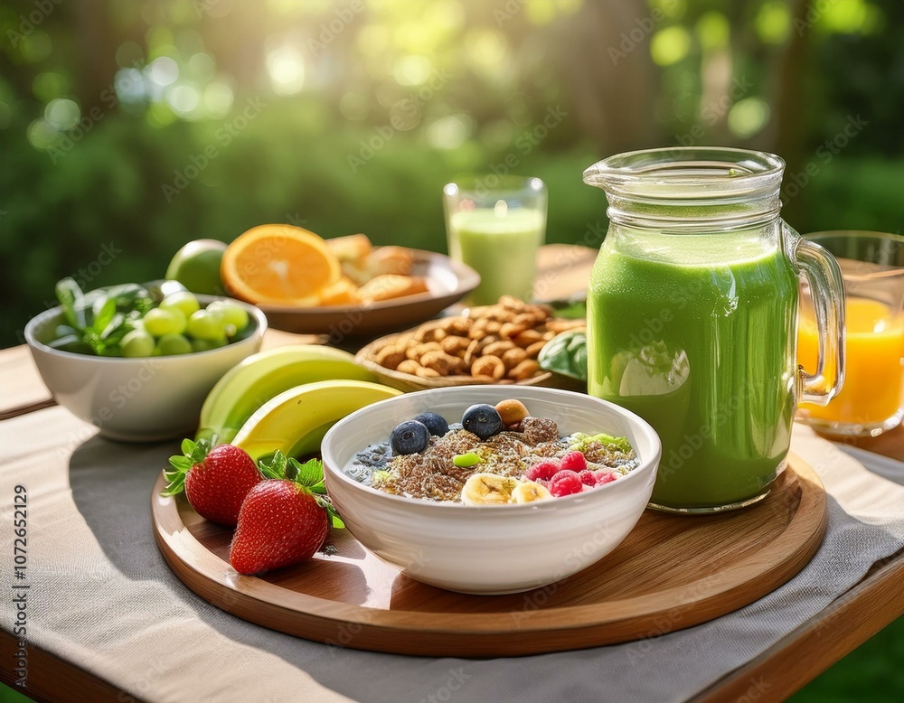 A set breakfast table outside with fresh fruit, muesli and green smoothie A set breakfast table outside with fresh fruit, muesli and green smoothie