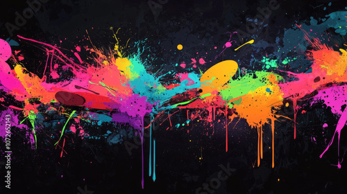 An energetic abstract background with bold splashes and drips of neon paint against a dark black background, evoking the raw energy of street art and graffiti, perfect for modern and expressive design photo