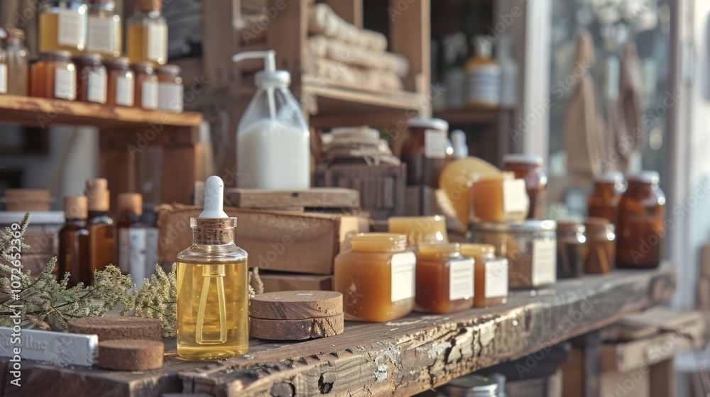 Rustic Display of Honey and Natural Skincare Products Rustic Display of Honey and Natural Skincare Products