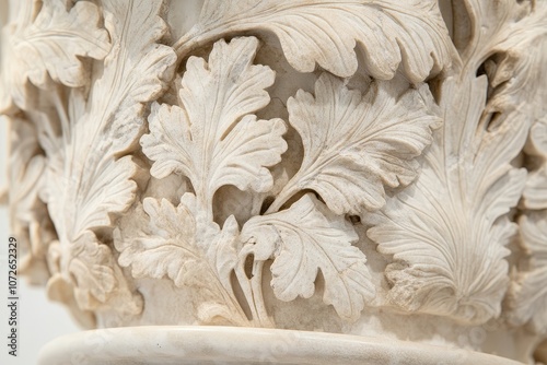 Close-Up of a Corinthian Column with Intricate Leaf and Floral Carvings in Ancient Greek Style