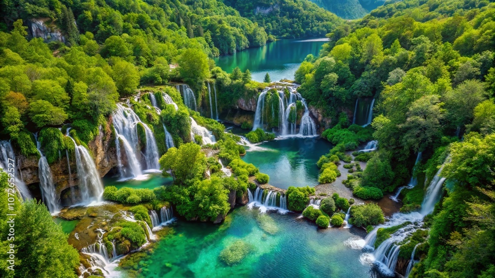Fototapeta premium Breathtaking Drone Photography of Crystal-Clear Waterfalls Cascading Through Lush Green Forests in Plitvice Lakes National Park, Croatia Captured in Stunning Detail