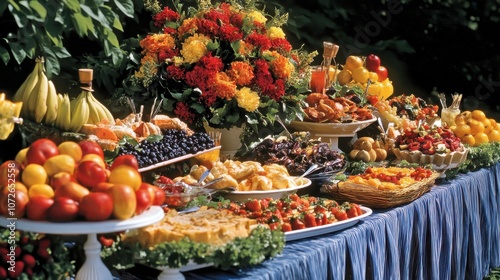 Vibrant Outdoor Buffet with Colorful Food Display