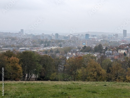 A view of Sheffield, England, on a misty autumn day photo