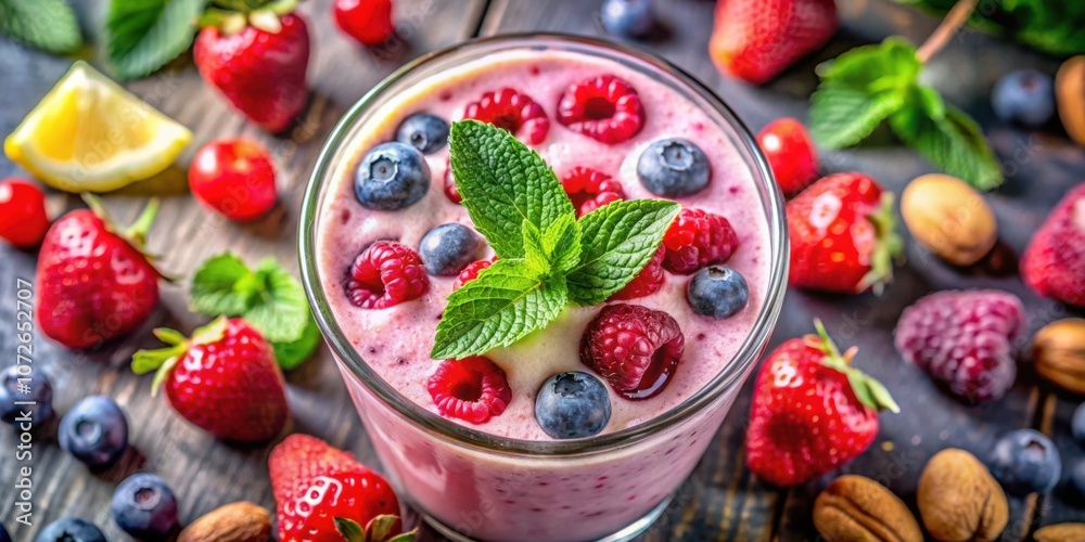 A refreshing summer smoothie with fresh berries, mint, and a hint of lemon. It's a perfect way to cool down on a hot day. A refreshing summer smoothie with fresh berries, mint, and a hint of lemon. It's a perfect way to cool down on a hot day.