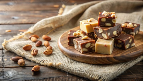 A rustic wooden board holds a tempting assortment of chewy caramels, each infused with crunchy almonds, arranged on a burlap background. photo