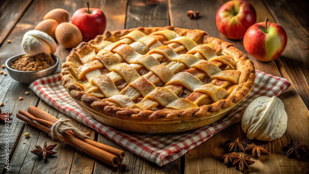 A perfectly baked apple pie with a golden crust, resting on a red and white checkered napkin, surrounded by cinnamon sticks, star anise, and fresh apples, ready to be savored.