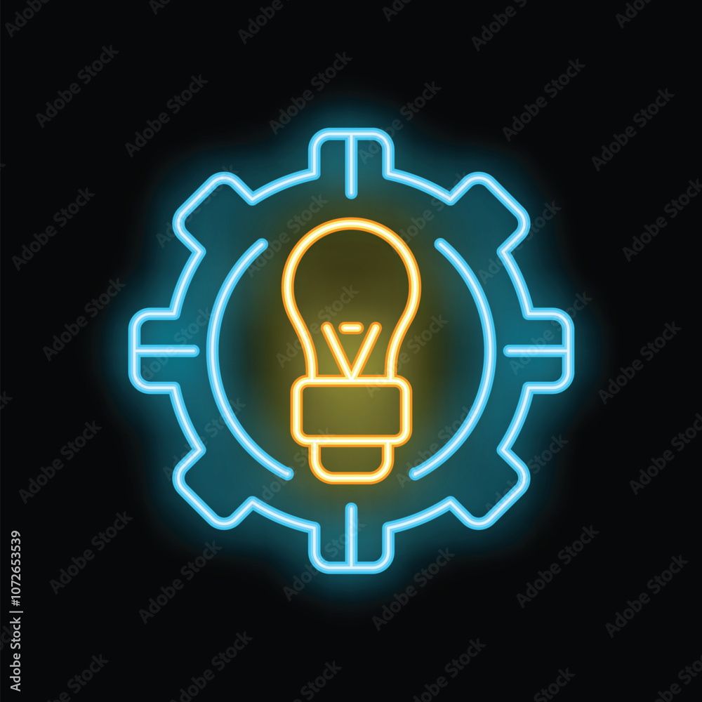 Neon sign showing a bright lightbulb glowing inside a cogwheel, representing the concept of new ideas and innovation Neon sign showing a bright lightbulb glowing inside a cogwheel, representing the concept of new ideas and innovation