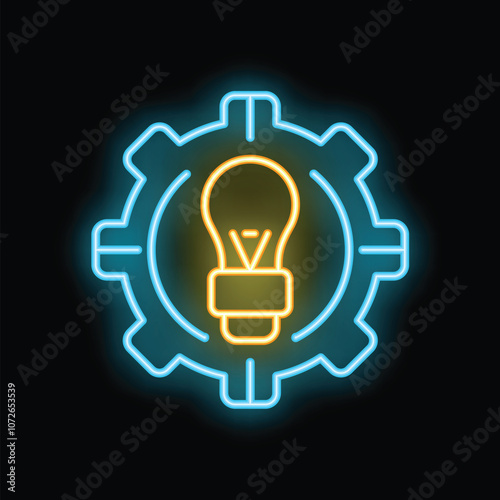 Neon sign showing a bright lightbulb glowing inside a cogwheel, representing the concept of new ideas and innovation