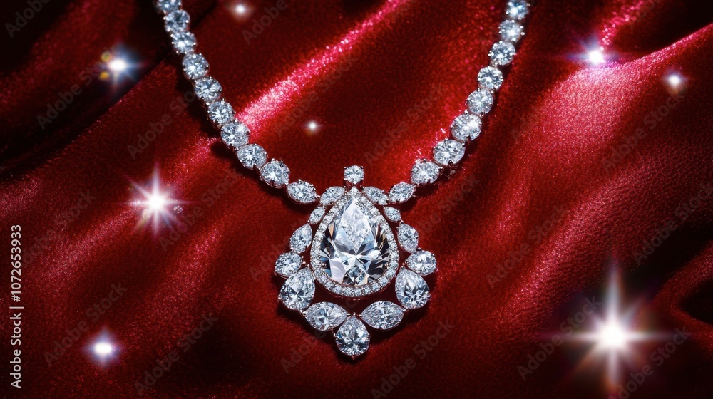 Fototapeta premium Elegant Diamond Necklace on Rich Red Fabric