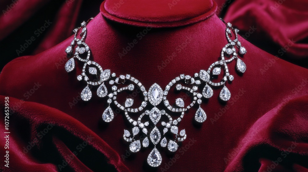 Elegant Diamond Necklace on Red Velvet Background Elegant Diamond Necklace on Red Velvet Background