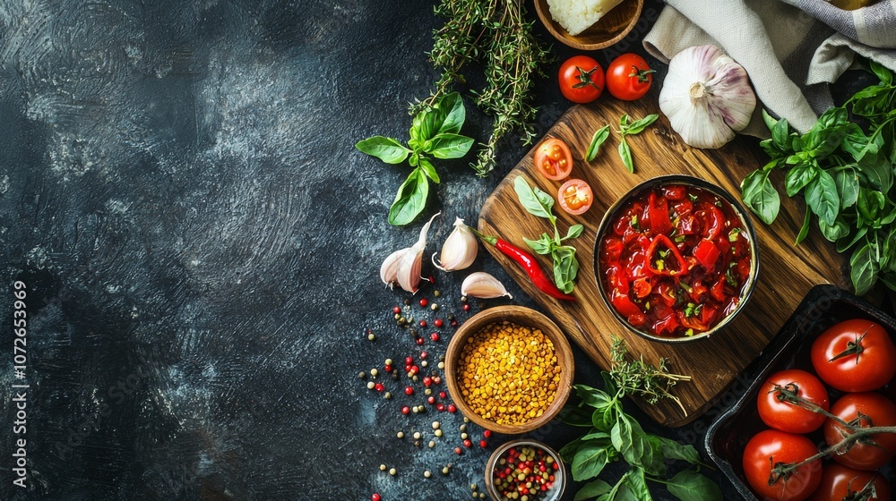 Fresh Tomato Salsa Ingredients on Dark Background Fresh Tomato Salsa Ingredients on Dark Background