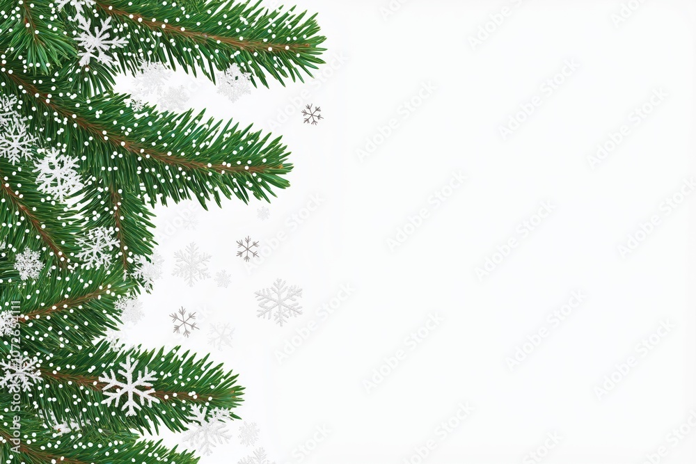 Green fir tree branches with white snowflakes on white background. Christmas tree border for design. Winter holiday decoration, spruce twigs, xmas frame. New Year celebration, evergreen plants. Green fir tree branches with white snowflakes on white background. Christmas tree border for design. Winter holiday decoration, spruce twigs, xmas frame. New Year celebration, evergreen plants.